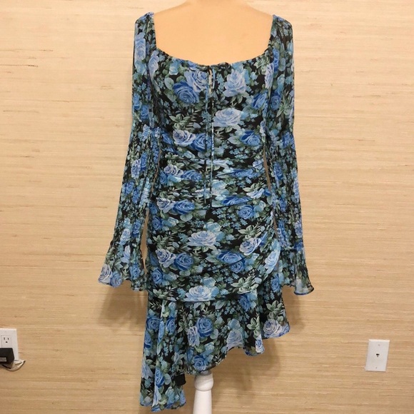 WAYF Floral Blue Cinched Hi-Low Fitted Sheer Puff Long Sleeve Dress size Medium - Picture 2 of 13
